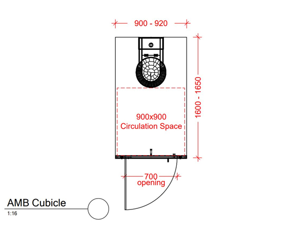 Ambulant toilet cubicle layout illustrating ambulant toilet dimensions and requirements, including a 900x900mm minimum circulation space and 700mm wide door opening.