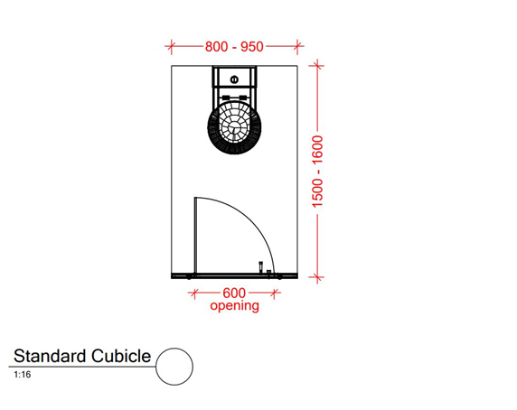 Technical diagram showing standard toilet cubicle dimensions with a 600mm door opening, width range of 800–950mm, and depth range of 1500–1600mm.