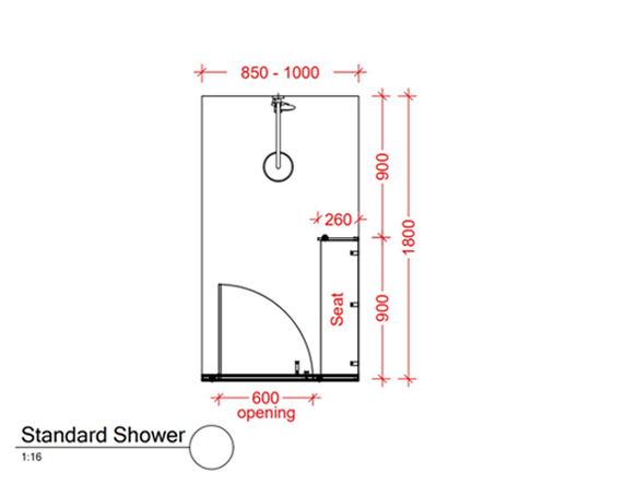 Standard shower cubicle layout with a 600mm door opening, width range of 850–1000mm, and internal seat positioned within 1800mm depth.