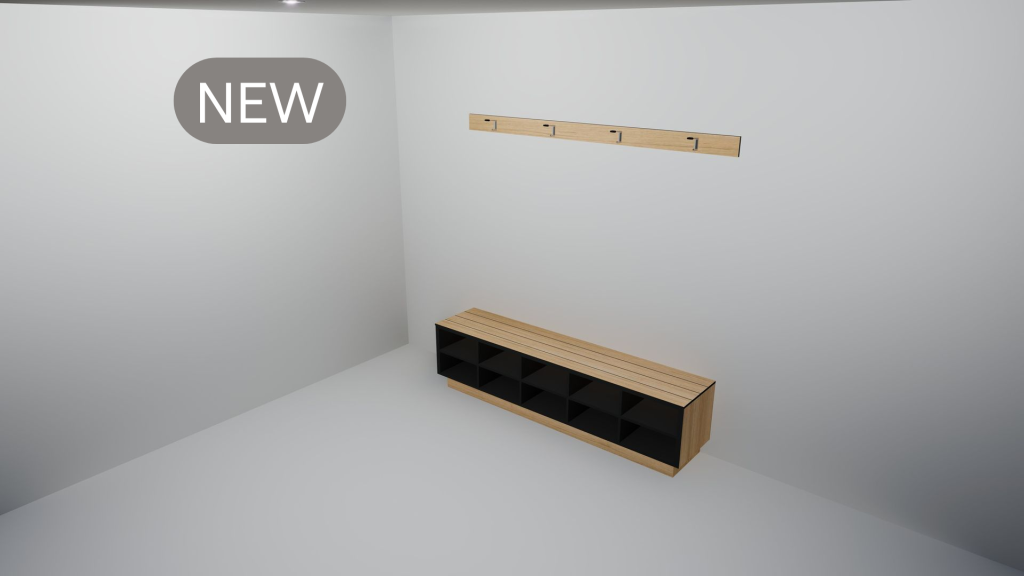 Duracube SBW-C bench with open cubbies and mounted timber coat rack
