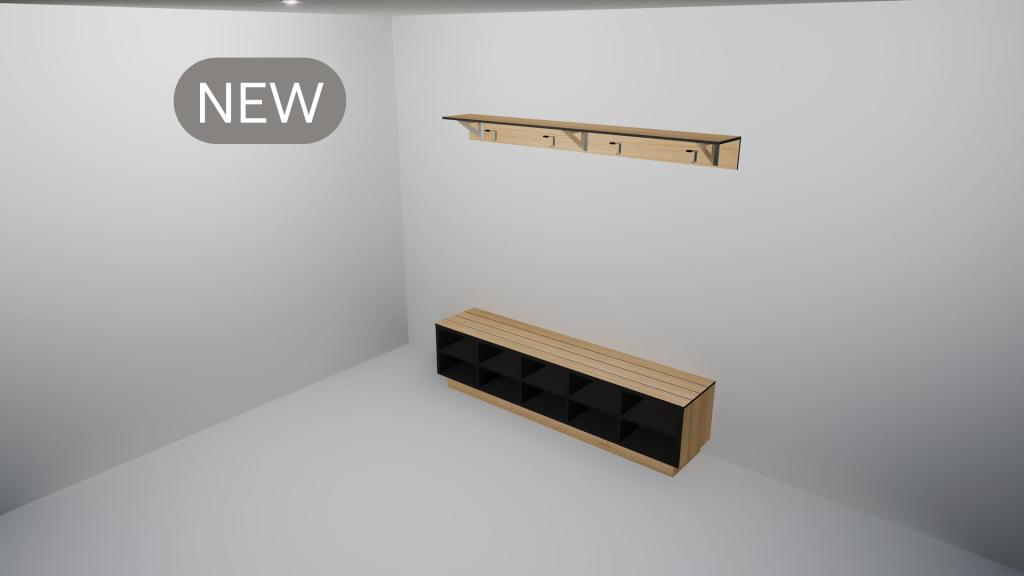 Duracube SBW-S bench with cubbies and overhead shelf with integrated hooks